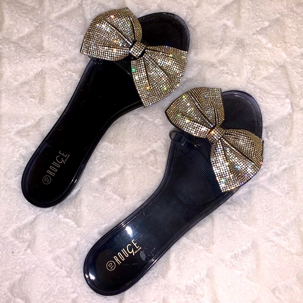 🖤Cute Black Jelly Slides with Rhinestone Bow🖤Size 10🖤